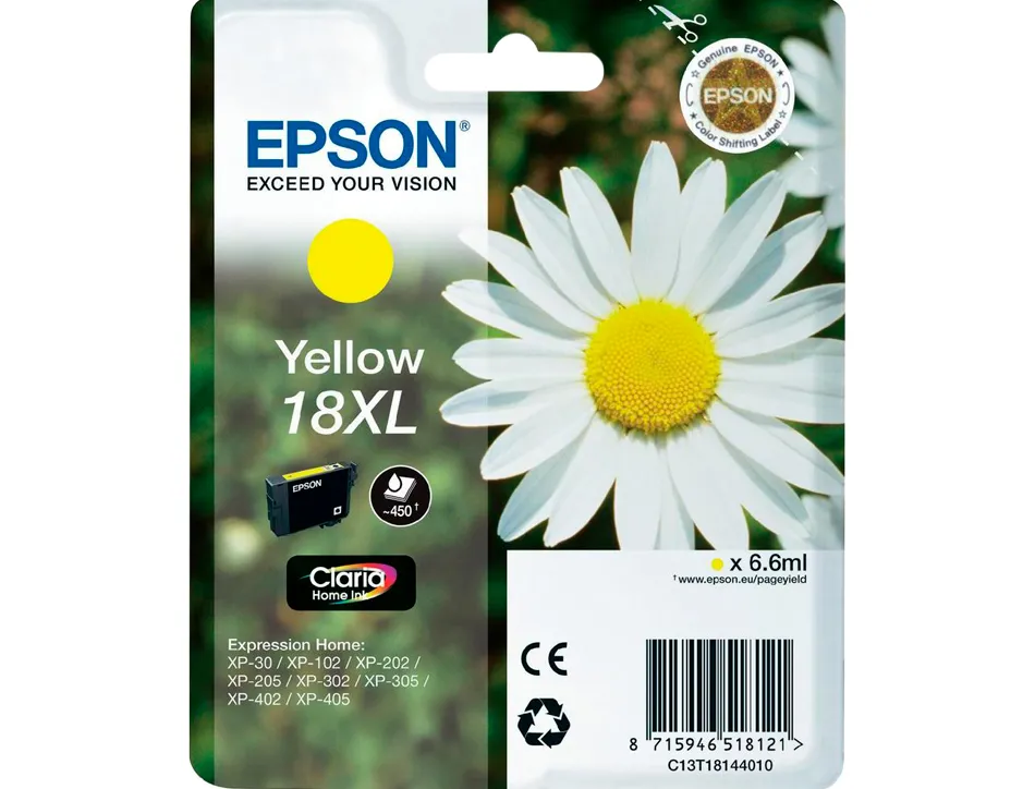 Cartouche epson t1814 jet d'encre c13t18144010 couleur jaune haute capacité 450p
