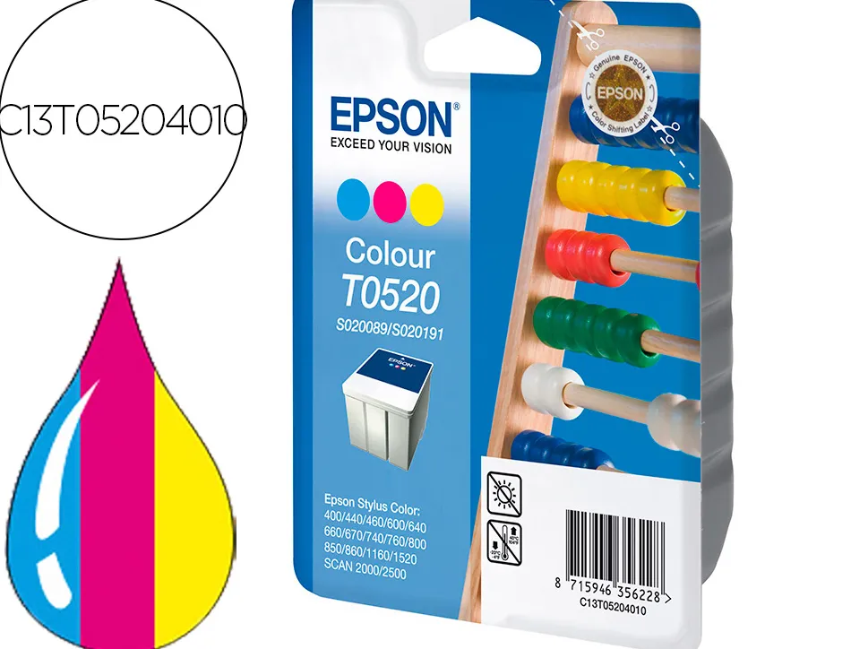Cartouche epson t0520 jet encre c13t05204010 3 couleurs cyan magenta jaune 300p