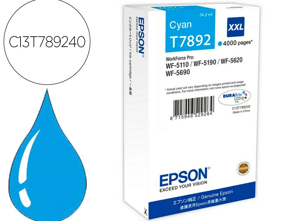 Cartouche epson t7892 xxl jet d'encre haute capacité wf-5110/5190/5620/5690 couleur cyan