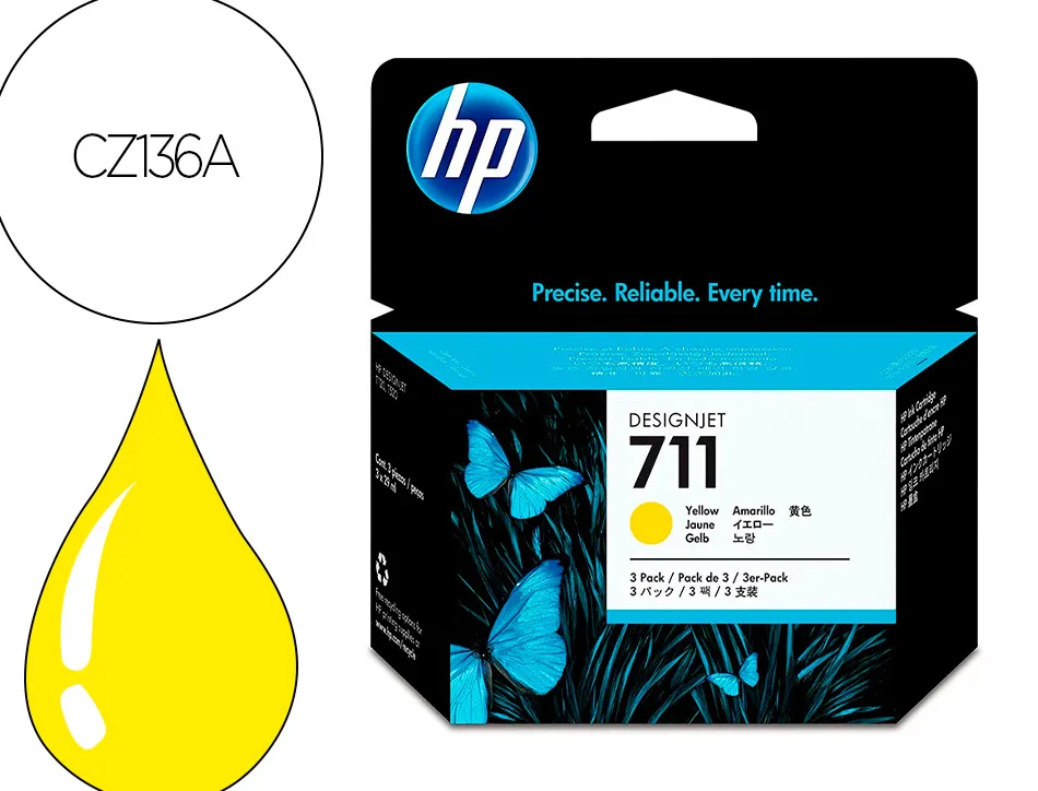 Cartouche hp jet d'encre 711 cz136a couleur jaune 29ml lot de 3