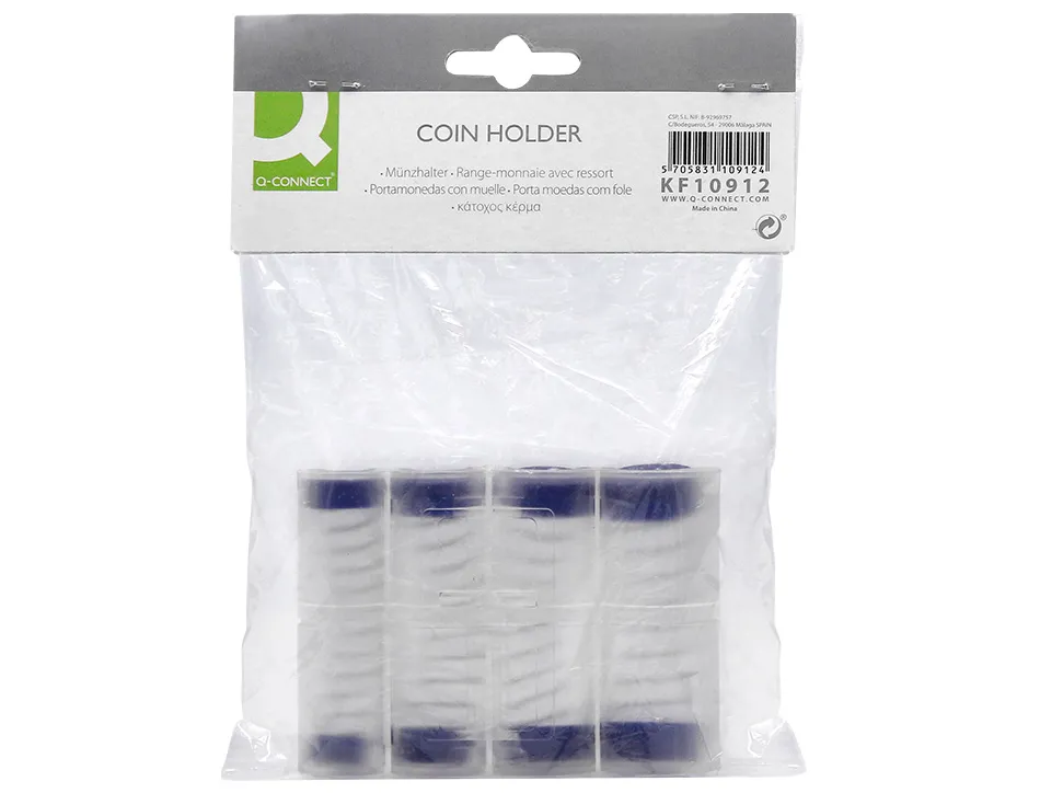 Casier monnayeur q-connect soufflet 8 fractions euros 75x105x32mm coloris transparent/bleu