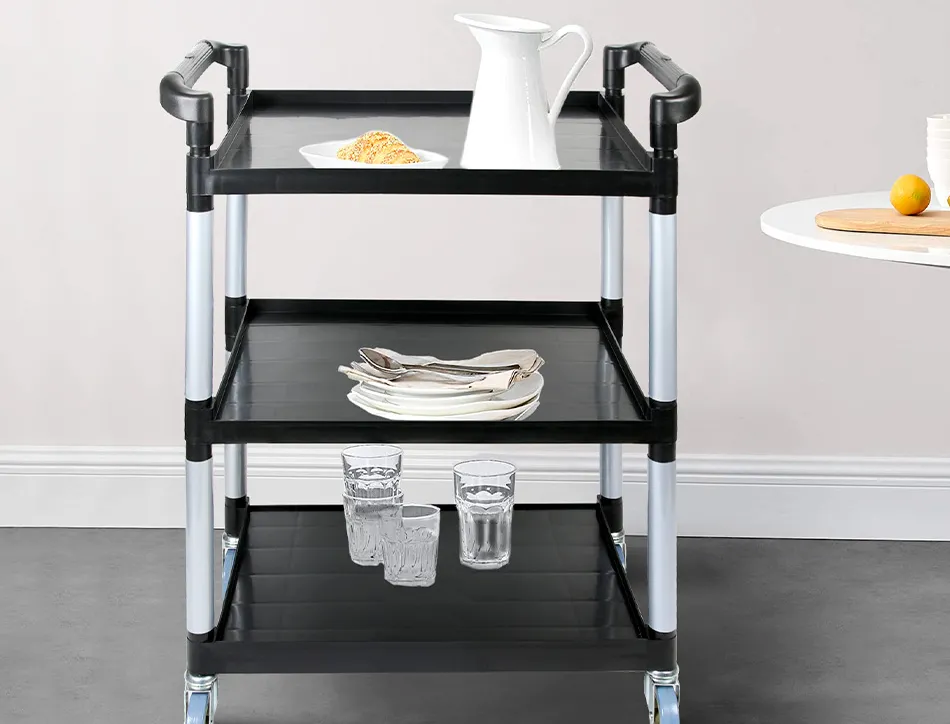 Chariot service q-connect acier 3 plateaux acier inoxydable 4 roues poignées 83x42x97cm