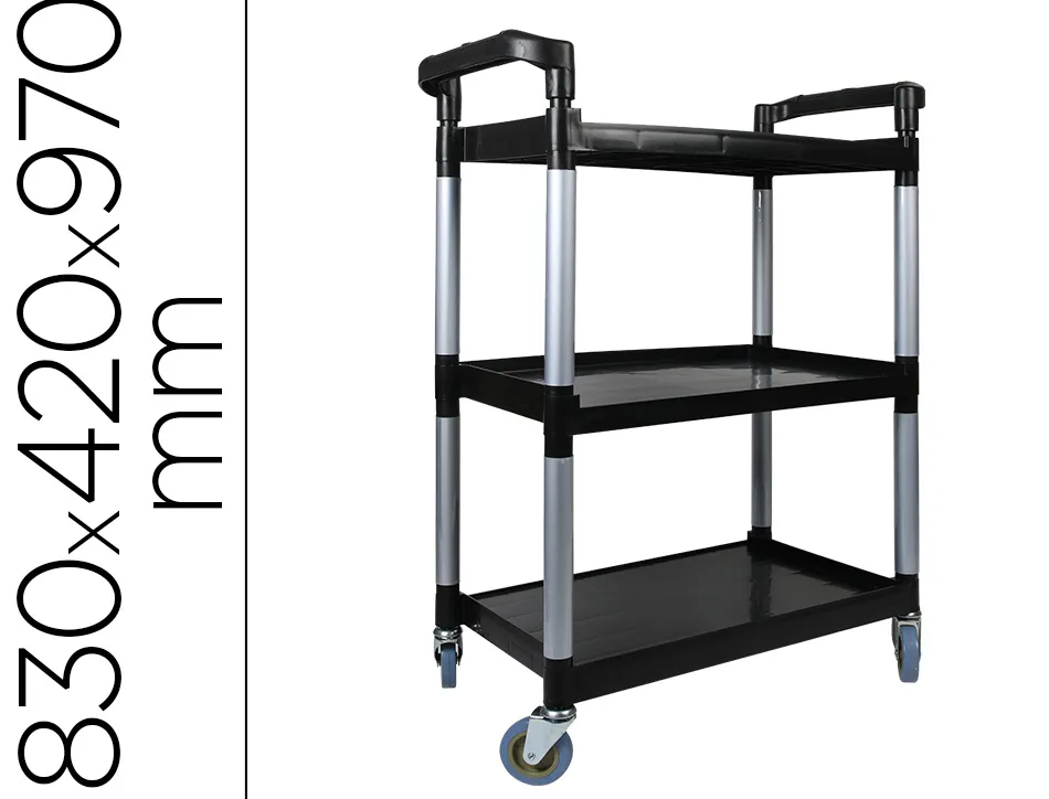 Chariot service q-connect acier 3 plateaux acier inoxydable 4 roues poignées 83x42x97cm