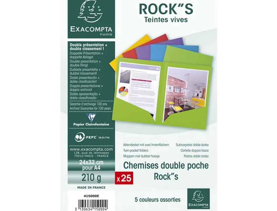 Chemise double poche 32x24cm 220g/m2 coloris assortis paquet 25 unités