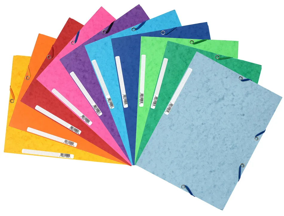 Chemise exacompta carte lustrée 5/10e 400g 3 rabats et élastique a4 format 240x320mm coloris vifs assortis 10 unités
