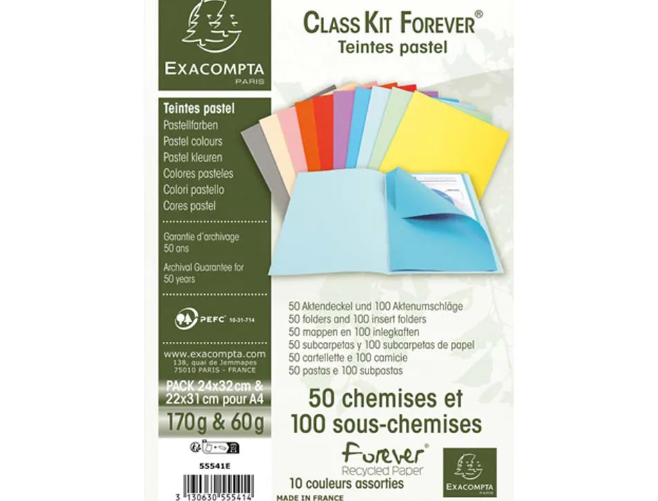 Chemise exacompta class'kit coloris pastel kit 50 chemises 170g + 100 sous chemises 60g