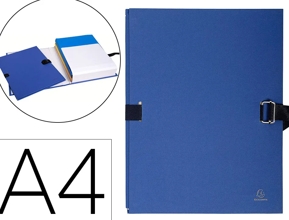 Chemise exacompta rabat en pied carton recouvert a4 23x32cm dos extensible 13cm sangle boucle coloris bleu foncé