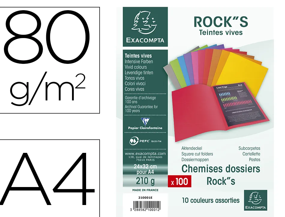 Chemise exacompta rock bahia 220 carte rigide 240x320mm 210g coloris assortis lot 100 unités