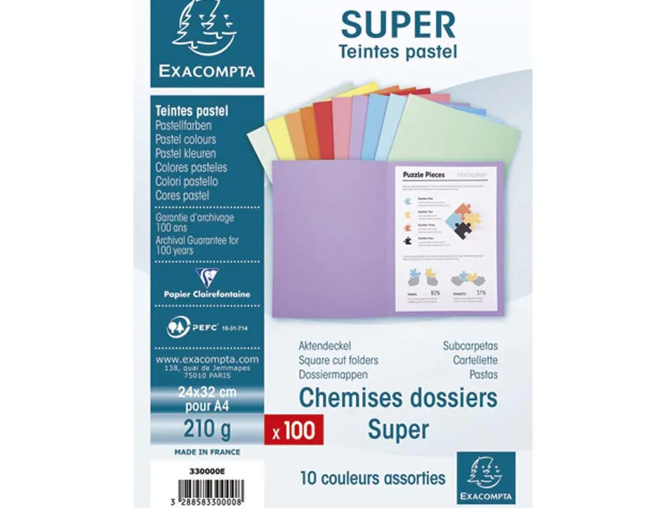 Chemise exacompta super carte 240x320mm 210g coloris assortis pack 100 unités