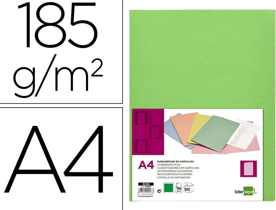 Chemise liderpapel papier cartonne 180g 310x230mm document a4 210x297mm coloris pastel vert intense