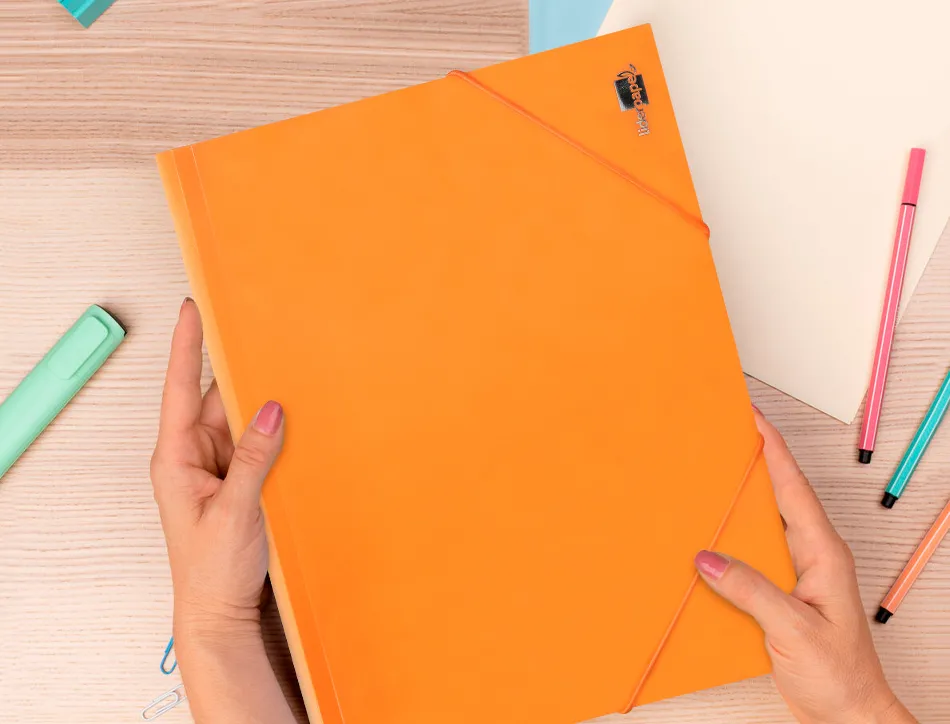 Chemise liderpapel polypropylene dos flexible a4 210x297mm 4/10e 3 rabats 100f elastique orange fluo opaque