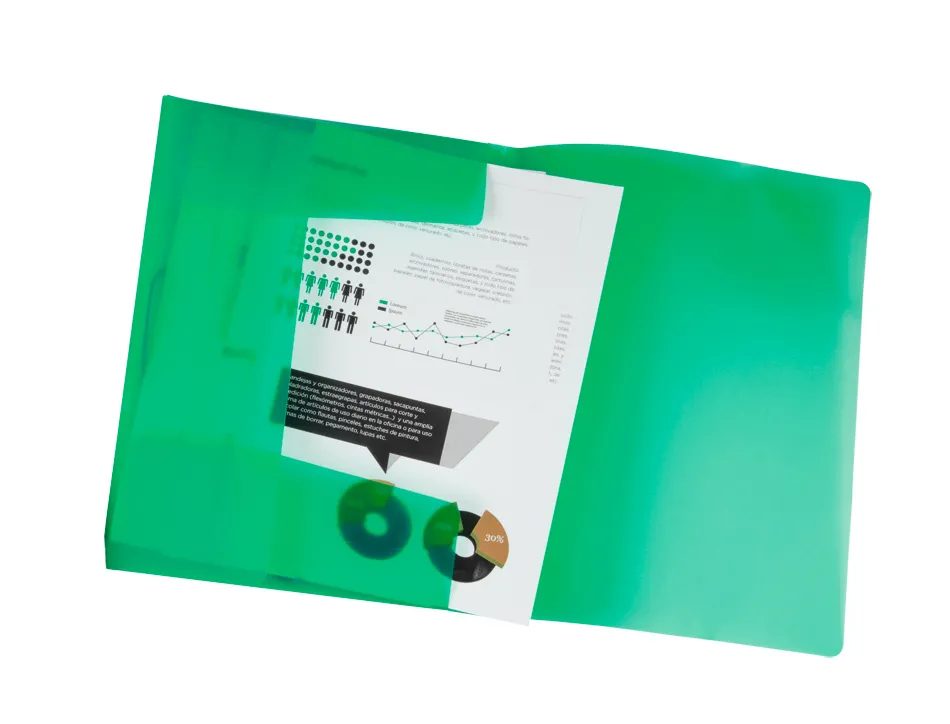 Chemise liderpapel polypropylène dos flexible a4 210x297mm 4/10e 3 rabats 100f élastique translucide vert