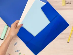 Chemise liderpapel polypropylène dos flexible a4 210x297mm 4/10e 3 rabats élastique 100f coloris bleu translucide
