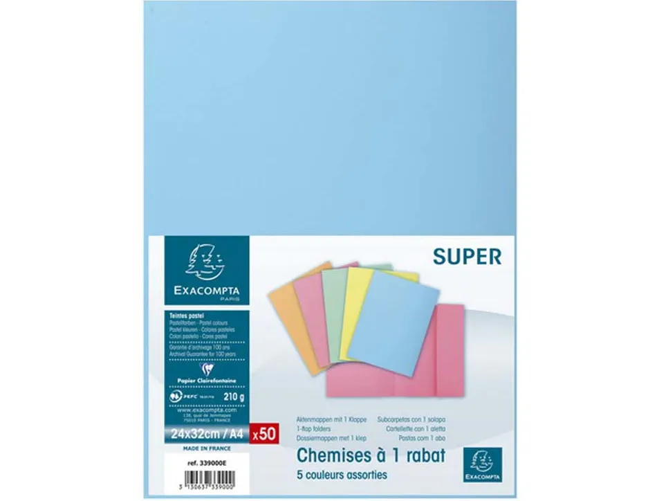 Chemises 1 rabat exacompta super 250 assortis pastel paquet 50