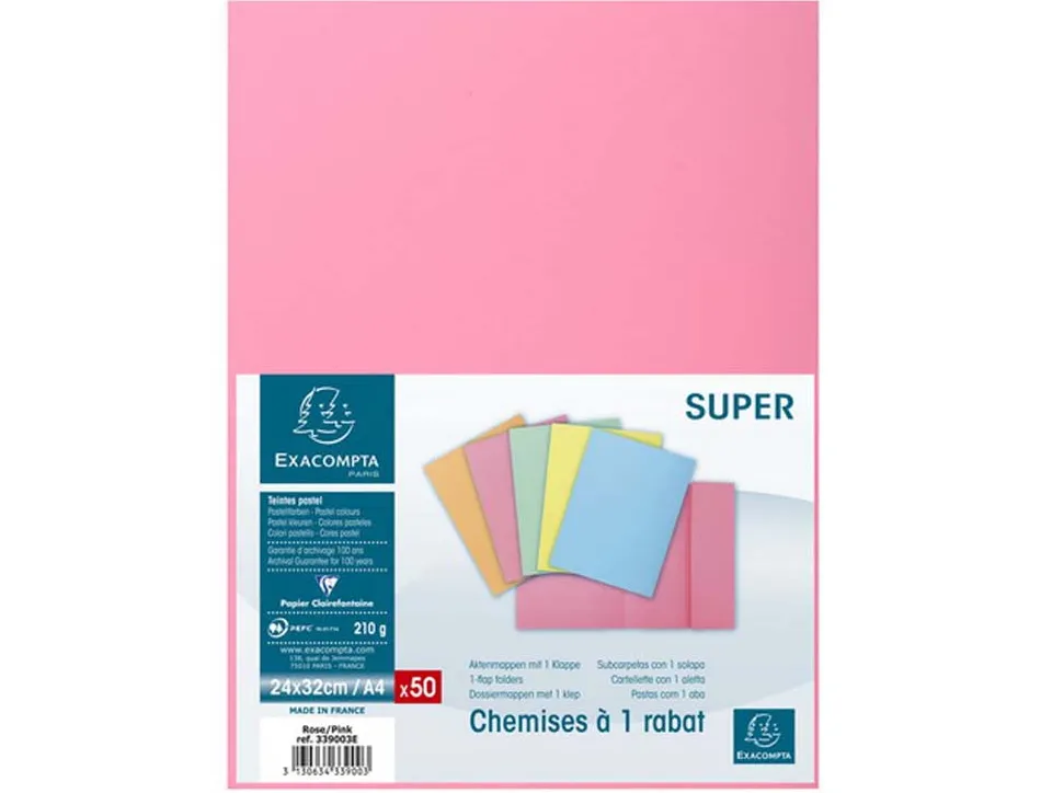 Chemises 1 rabat exacompta super 250 carte 210g rose paquet de 50