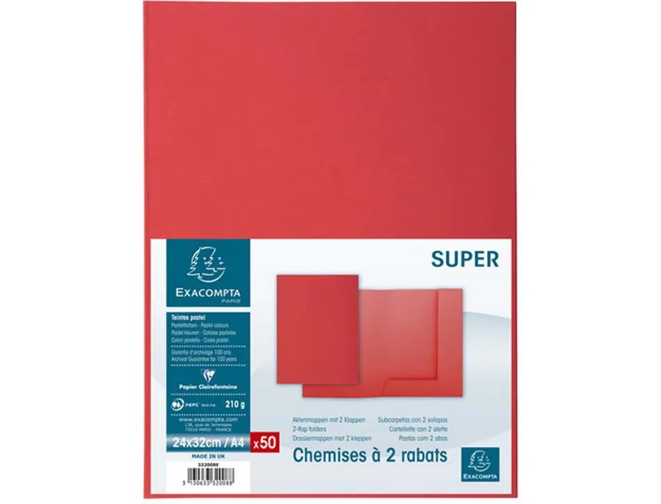 Chemises 2 rabats exacompta super 250 210 g rouge paquet 50