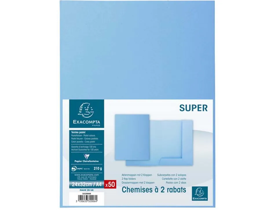 Chemises 2 rabats exacompta carte 210 g coloris bleu clair paquet 50