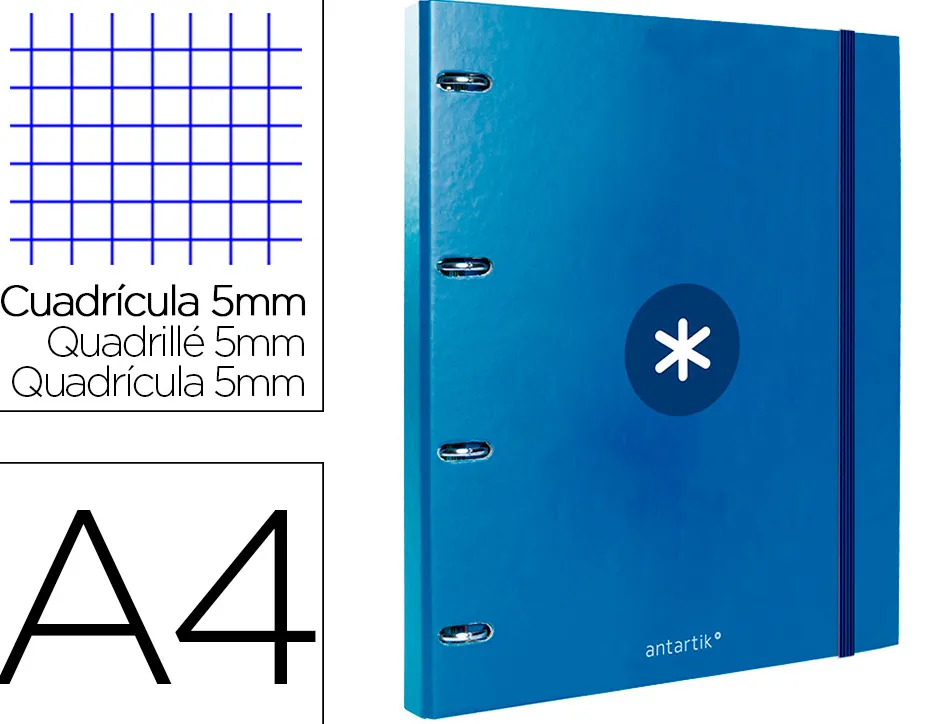 Classeur antartik 4 anneaux ronds 25mm a4 carton remborde feuillets mobiles 5x5 bleu marine