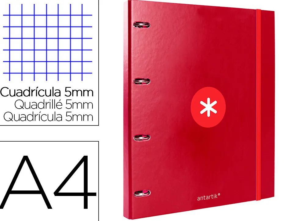 Classeur antartik 4 anneaux ronds 25mm a4 carton remborde feuillets mobiles 5x5 framboise