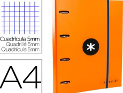 Classeur antartik 4 anneaux ronds 40mm a4 carton remborde feuillets mobiles quadrillage 5mm coloris orange