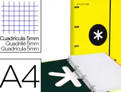 Classeur antartik 4 anneaux ronds 25mm a4 carton rembordé feuillets mobiles quadrillage 5mm coloris jaune
