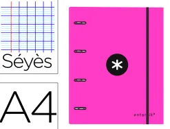 Classeur antartik 4 anneaux 25mm a4 carton remborde feuillets mobiles seyes coloris rose