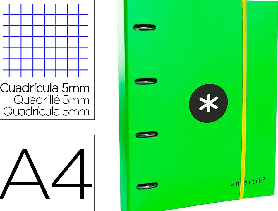 Classeur antartik 4 anneaux ronds 40mm a4 carton remborde feuillets mobiles quadrillage 5mm coloris vert
