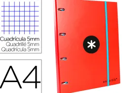 Classeur antartik 4 anneaux ronds 25mm a4 carton rembordé feuillets mobiles quadrillage 5mm coloris rouge