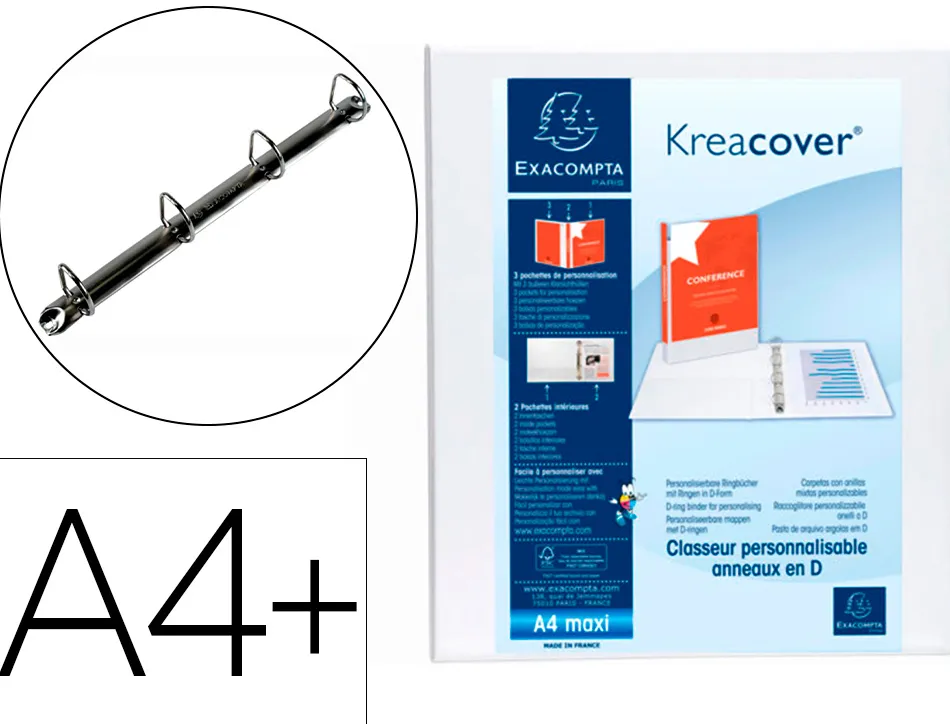 Classeur exacompta kreacover 4 anneaux 15mm a4+ carton recouvert polypropylène dos 38mm personnalisable blanc