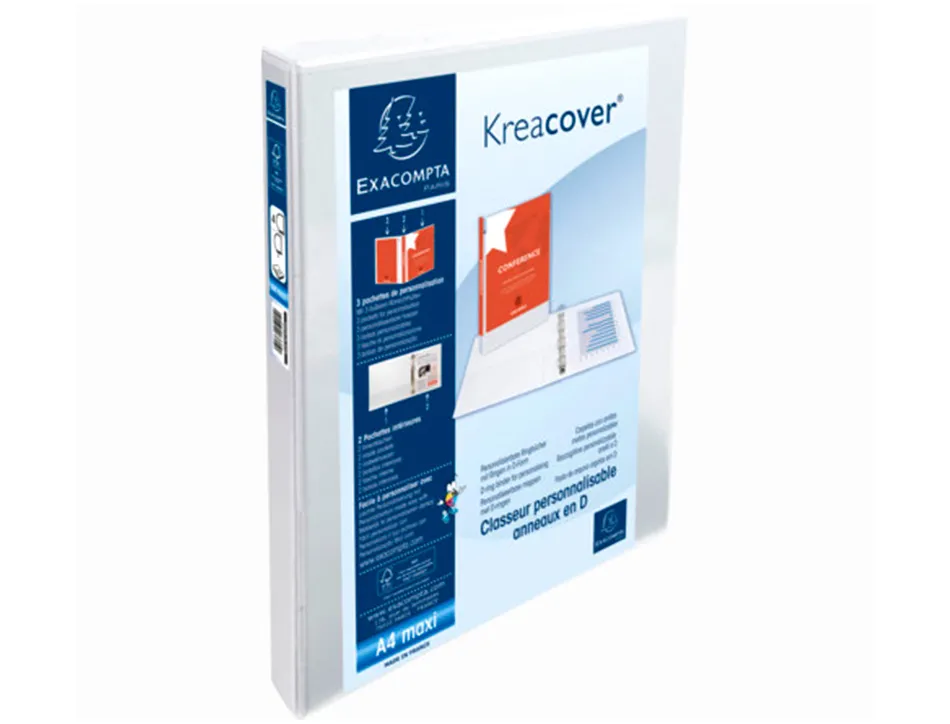 Classeur exacompta kreacover 4 anneaux 15mm a4+ carton recouvert polypropylène dos 38mm personnalisable blanc