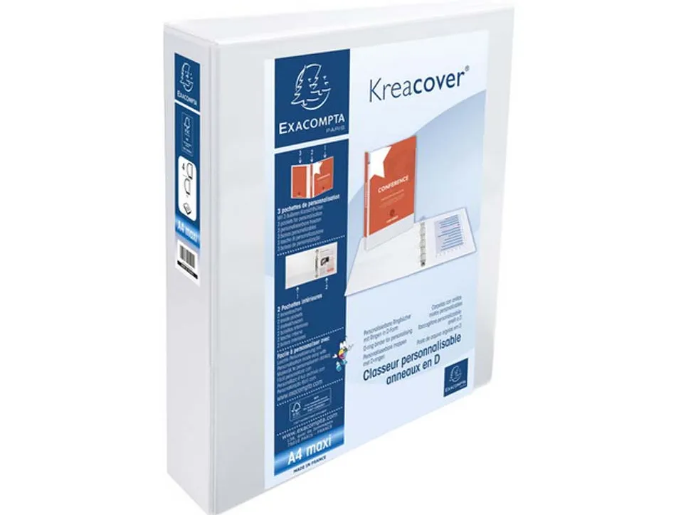 Classeur exacompta kreacover 4 anneaux 50mm a4+ carton recouvert polypropylène dos 75mm personnalisable blanc