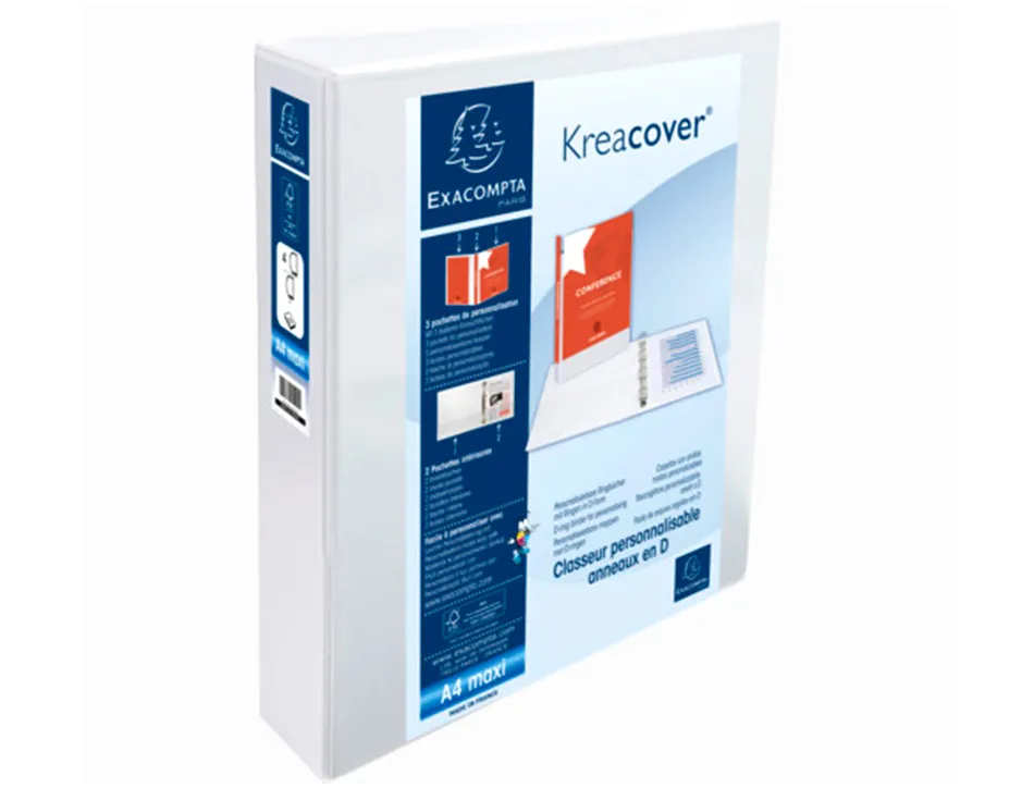 Classeur exacompta kreacover 4 anneaux 50mm a4+ carton recouvert polypropylène dos 75mm personnalisable blanc