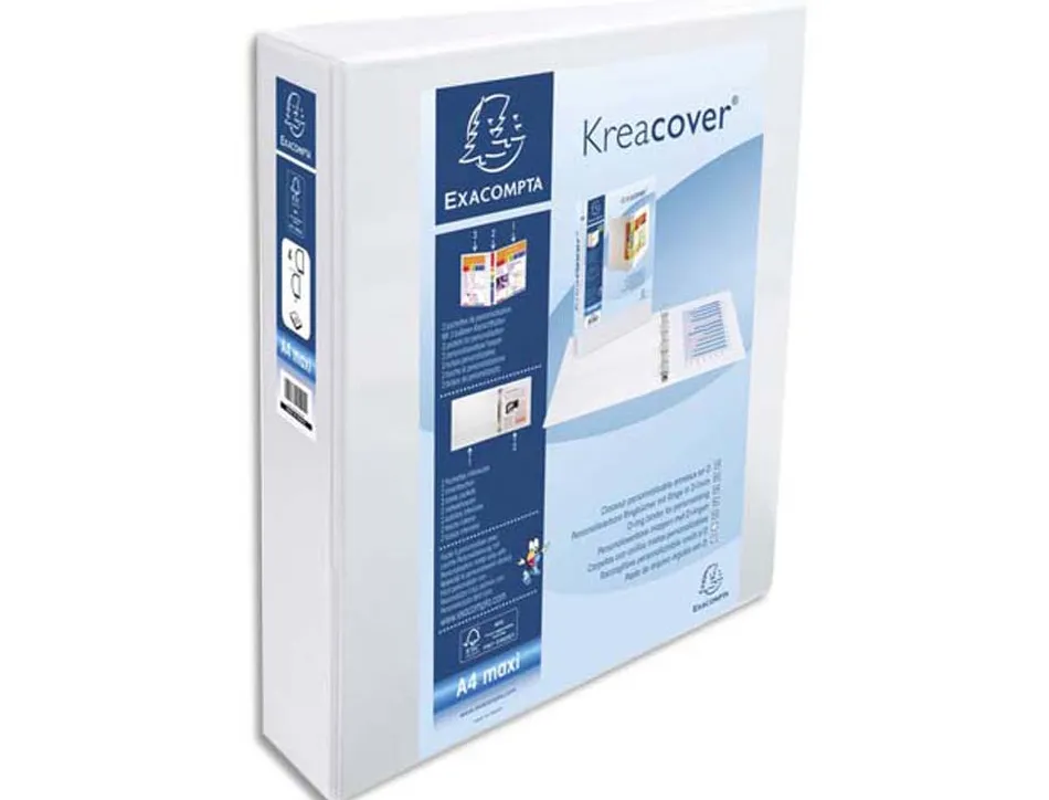 Classeur exacompta kreacover 4 anneaux 50mm a4+ carton recouvert polypropylène dos 75mm personnalisable blanc