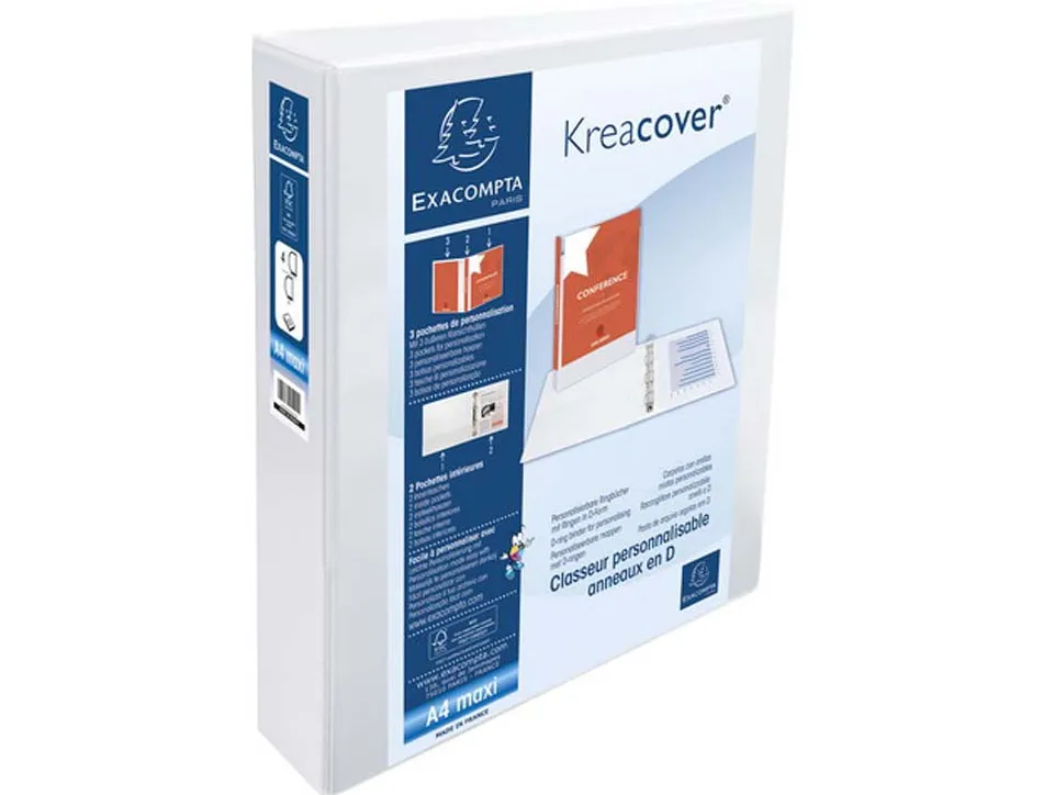 Classeur exacompta kreacover 4 anneaux 40mm a4+ carton recouvert polypropylène dos 64mm personnalisable blanc