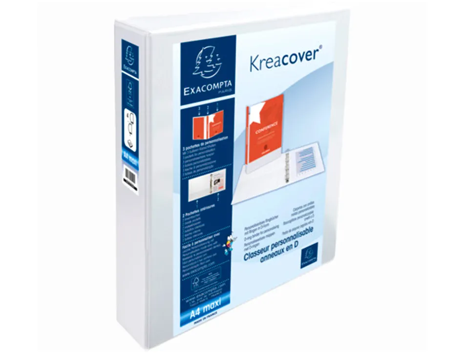 Classeur exacompta kreacover 4 anneaux 40mm a4+ carton recouvert polypropylène dos 64mm personnalisable blanc