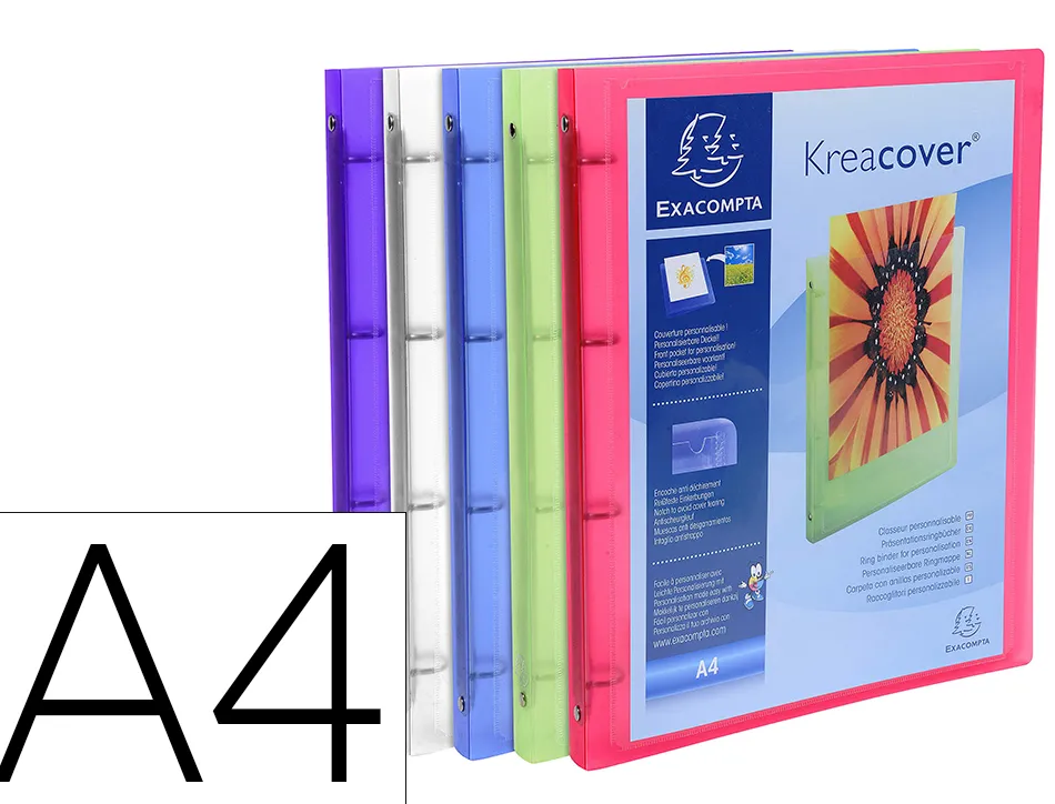 Classeur exacompta personnalisable a4 capacite 100 feuilles 4 anneaux dos de 20 mm dim 32x25 cm coloris