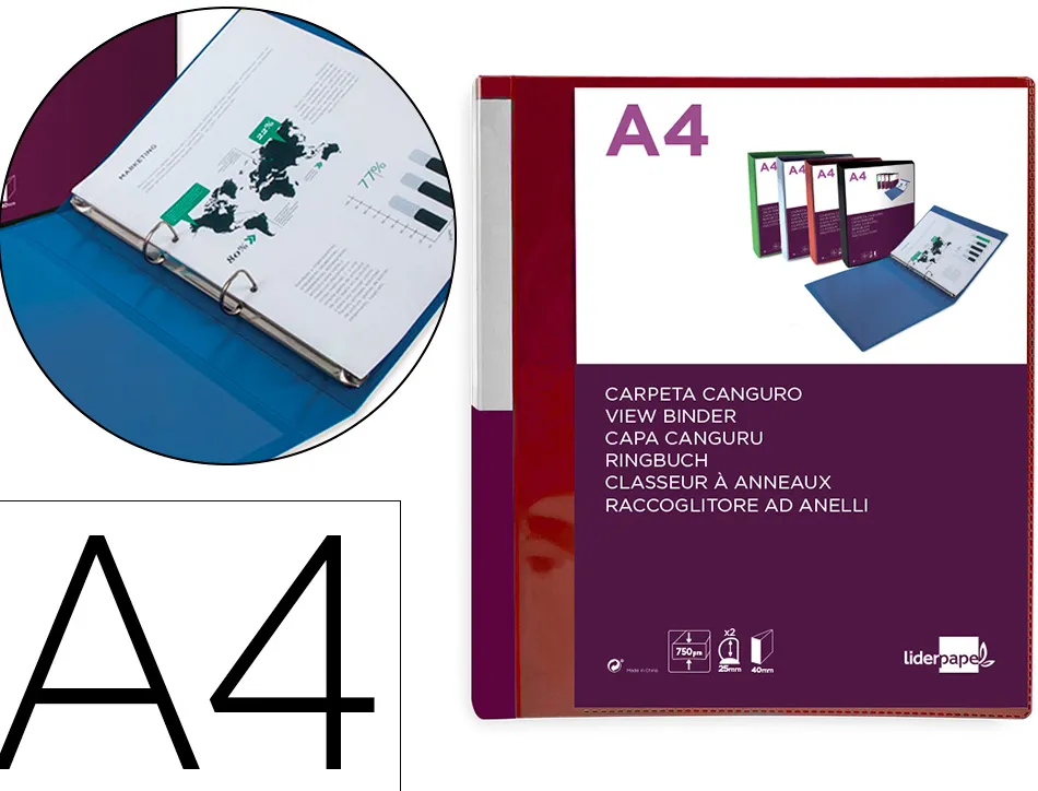 Classeur kangourou liderpapel 2 anneaux en d 25mm polypropylene 283x320mm document a4 coloris rouge