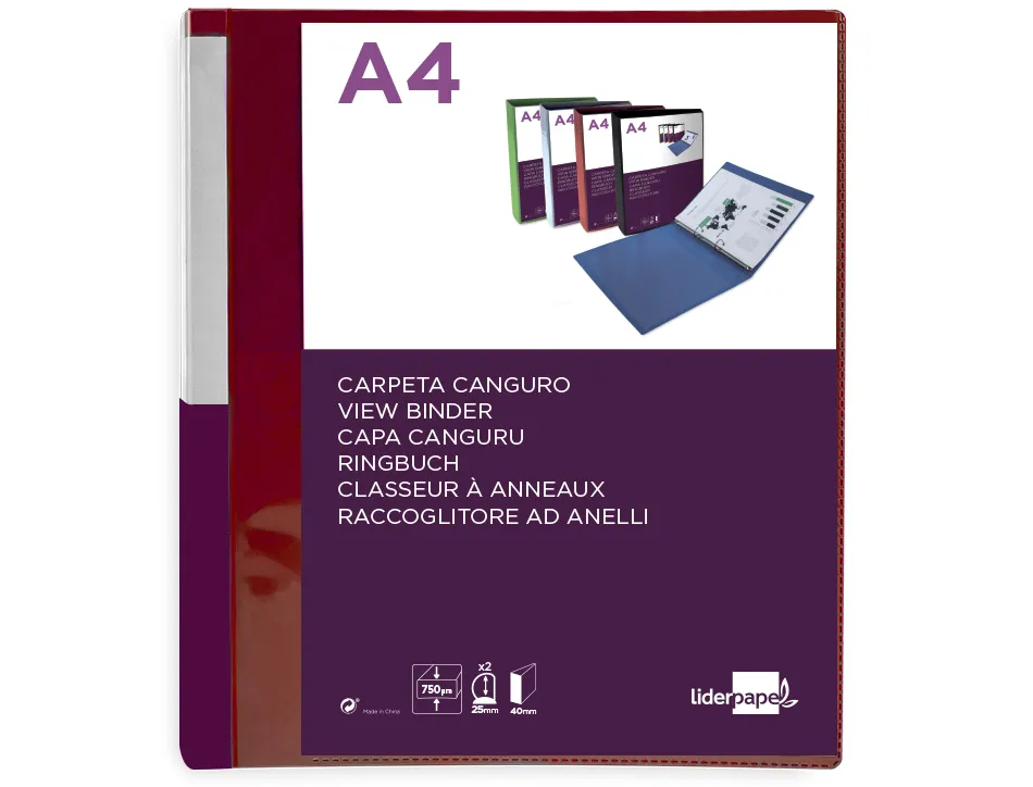 Classeur kangourou liderpapel 2 anneaux en d 25mm polypropylene 283x320mm document a4 coloris rouge