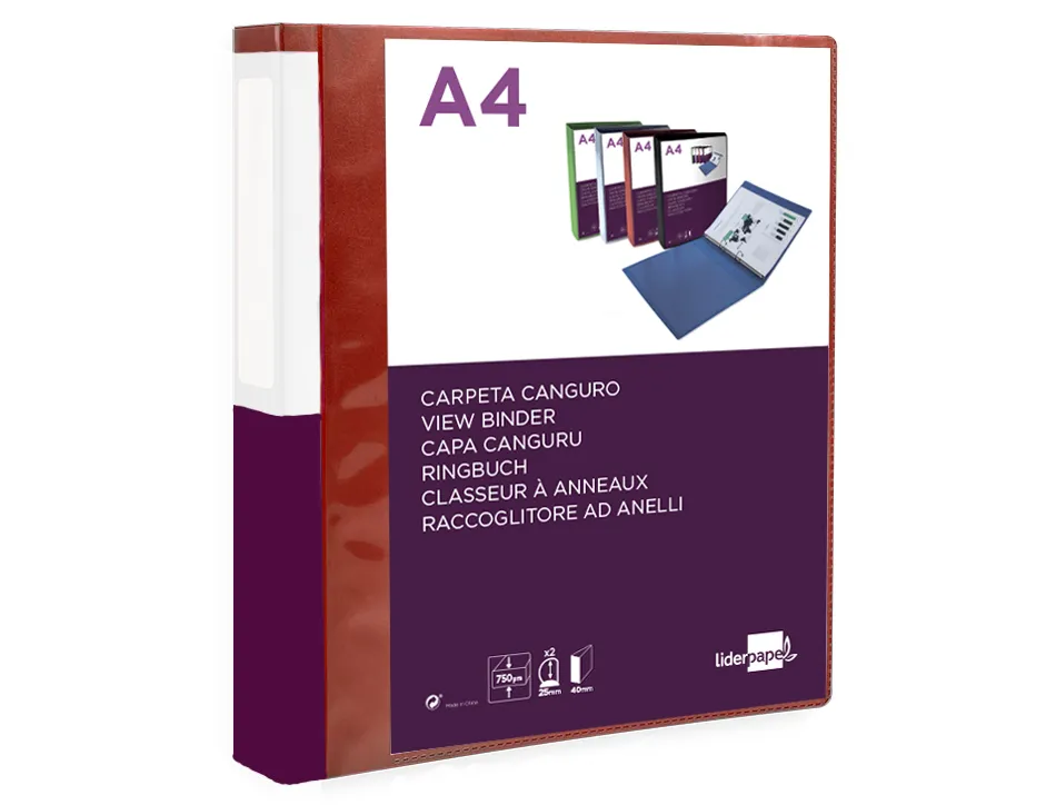 Classeur kangourou liderpapel 2 anneaux en d 25mm polypropylene 283x320mm document a4 coloris rouge