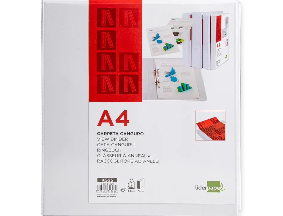 Classeur kangourou liderpapel 2 anneaux 55mm 283x320mm document a4 plastique dos 78mm coloris blanc