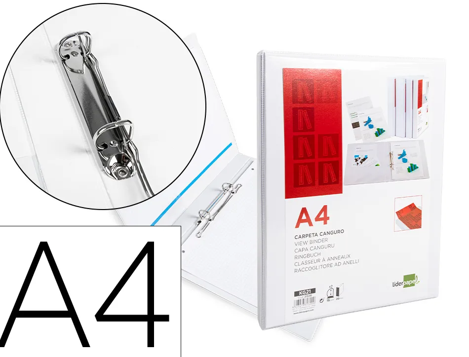 Classeur kangourou liderpapel 2 anneaux 16mm 283x320mm document a4 plastique dos 28mm coloris blanc