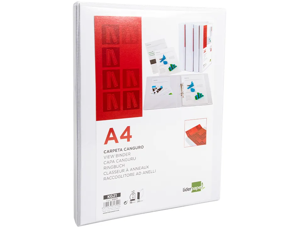 Classeur kangourou liderpapel 2 anneaux 16mm 283x320mm document a4 plastique dos 28mm coloris blanc
