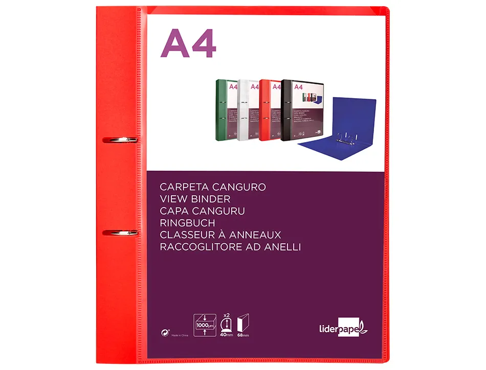 Classeur kangourou liderpapel 2 anneaux en d 40mm polypropylene 283x320mm document a4 coloris rouge