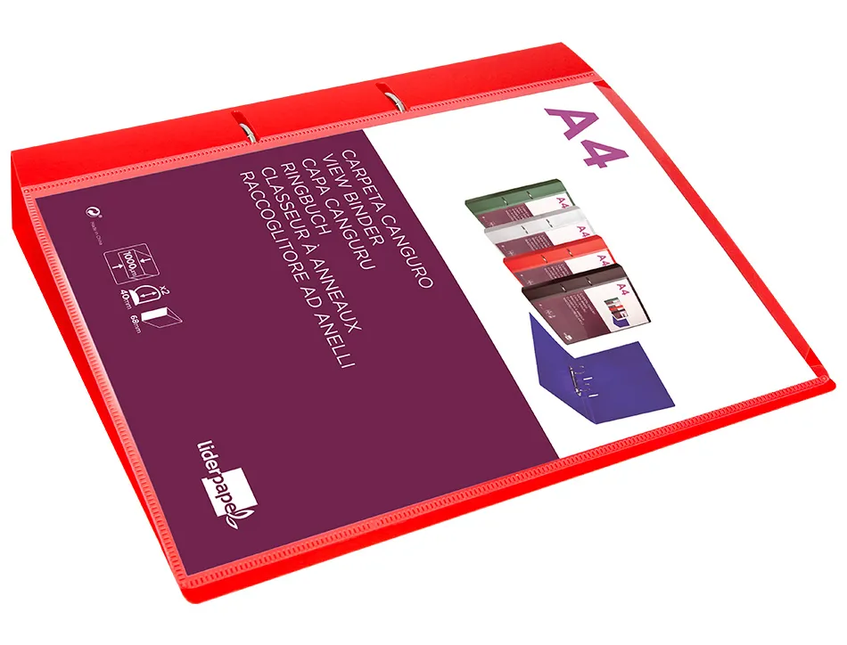 Classeur kangourou liderpapel 2 anneaux en d 40mm polypropylene 283x320mm document a4 coloris rouge