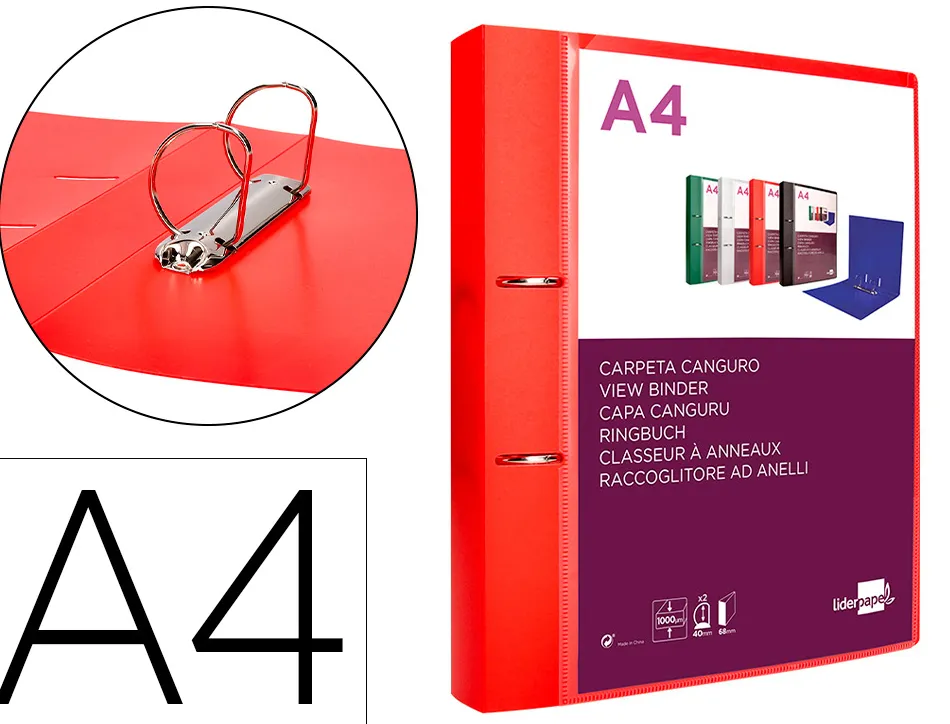 Classeur kangourou liderpapel 2 anneaux en d 40mm polypropylene 283x320mm document a4 coloris rouge