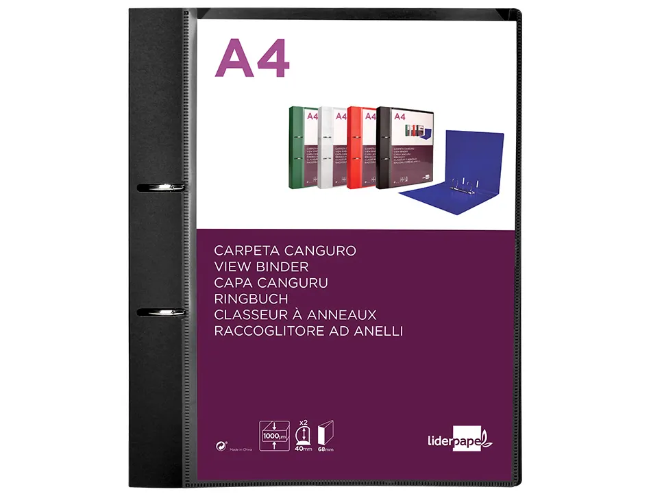 Classeur kangourou liderpapel 2 anneaux en d 40mm polypropylene 283x320mm document a4 coloris noir