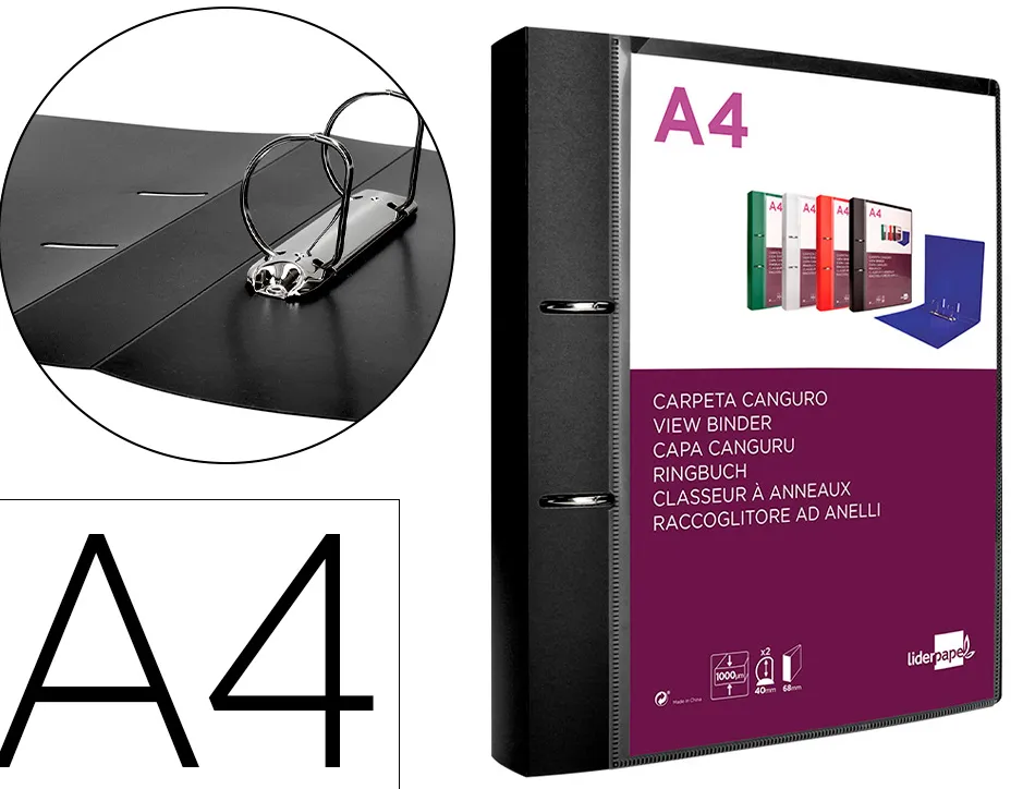 Classeur kangourou liderpapel 2 anneaux en d 40mm polypropylene 283x320mm document a4 coloris noir