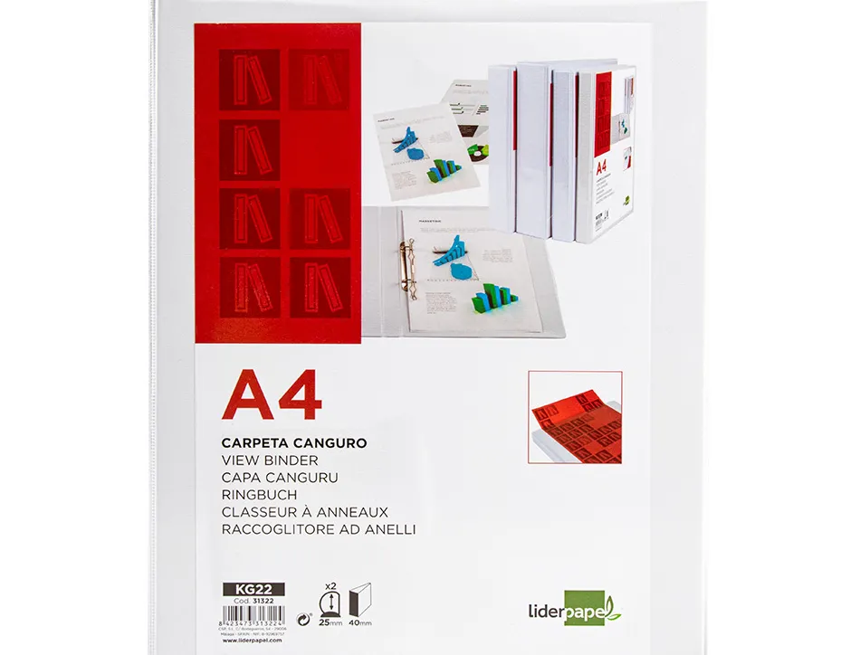 Classeur kangourou liderpapel 2 anneaux 25mm 283x320mm document a4 plastique dos 40mm coloris blanc