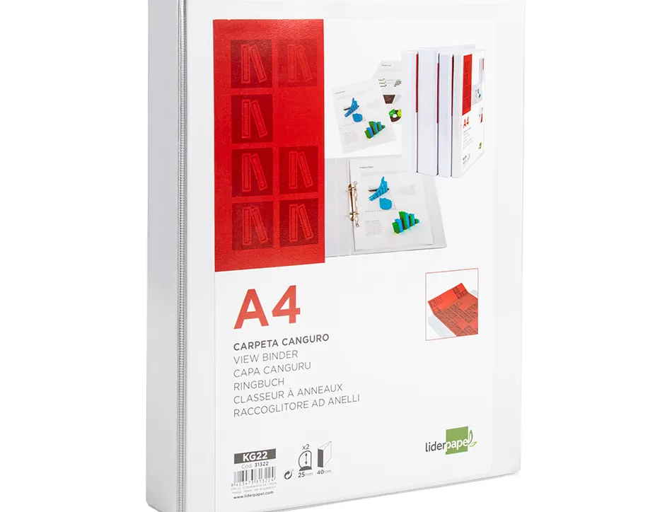 Classeur kangourou liderpapel 2 anneaux 25mm 283x320mm document a4 plastique dos 40mm coloris blanc