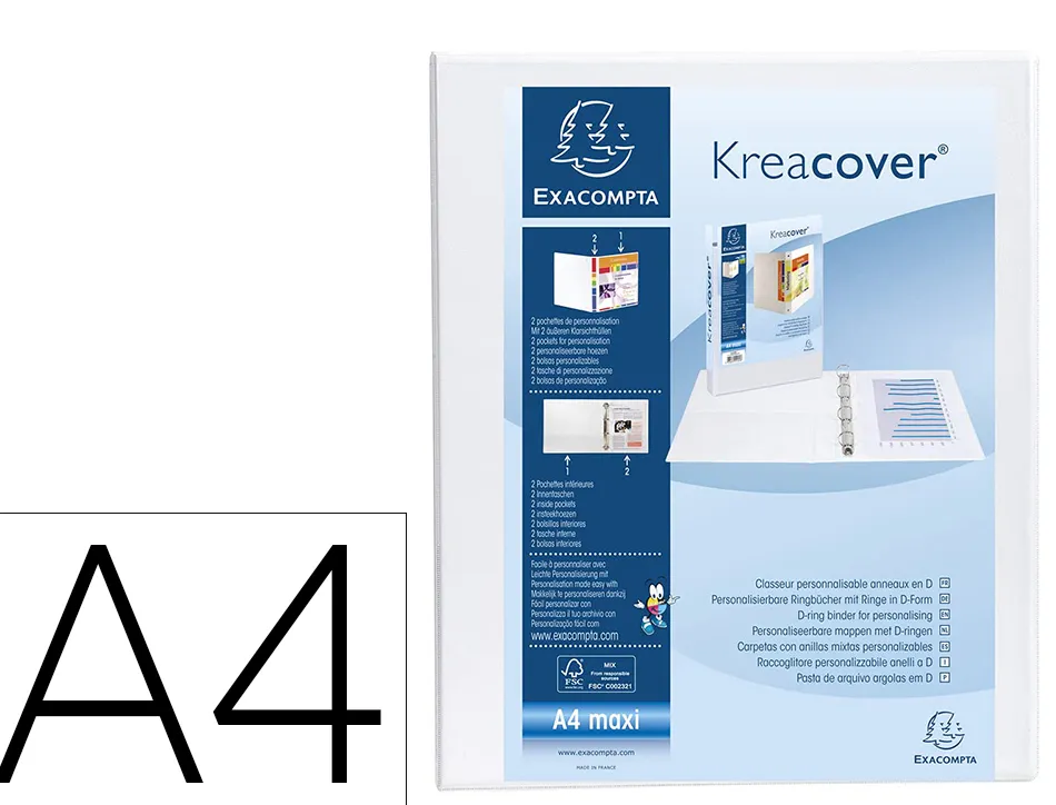 Classeur kreacover exacompta personnalisable a4 capacite 180 feuilles couv rigide 4 anneaux dos de 34 mm coloris